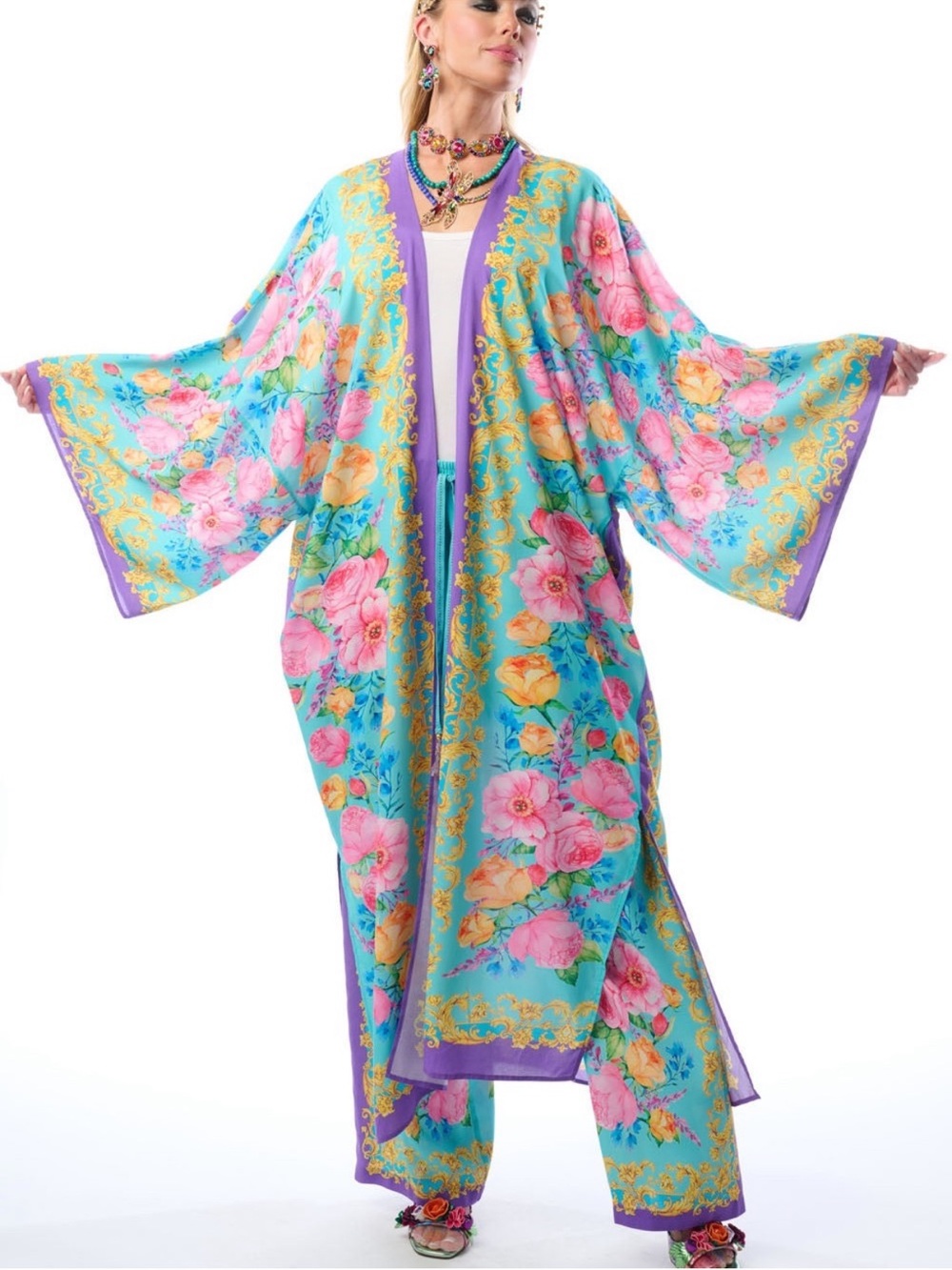 Floral Turquoise Kimono Coat with Purple Trim